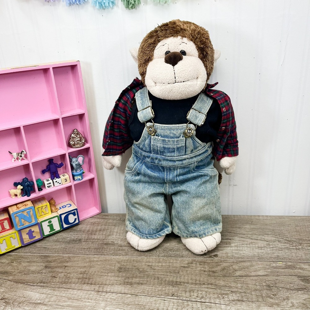 Build-A-Bear Plush Monkey in Denim‎ Overalls and Plaid Flannel Jacket